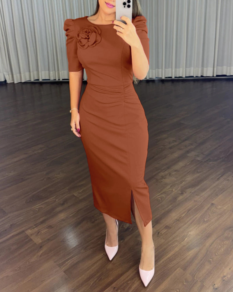 3D Floral Ruched Bodycon Dress with Puff Sleeves and Slit