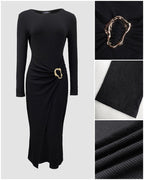 Ribbed Wrap Dress with Cinched Waist and Mid-Length Ring Detail