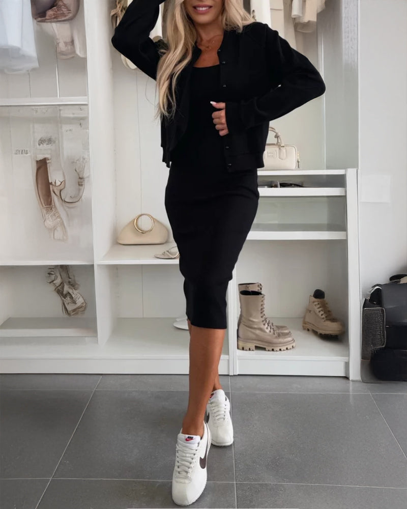 2-Piece U-Neck Tank Dress with Pearl-Button Baseball Coat Set