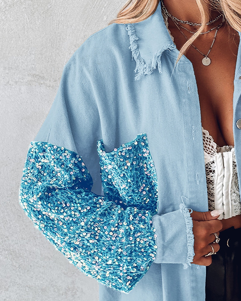 Raw Hem Sequin Patchwork Denim Shacket with Button Front