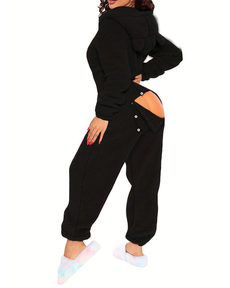 3D Ear-Buttoned Fluffy Lounge Jumpsuit with Practical Features