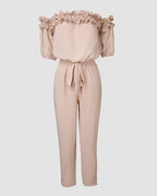 Off-Shoulder Frill Trim Textured Jumpsuit with Tie Waist