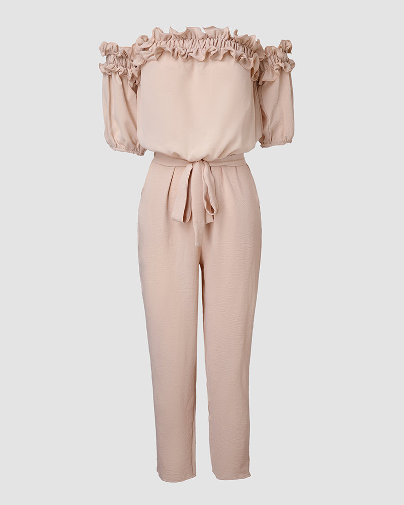 Off-Shoulder Frill Trim Textured Jumpsuit with Tie Waist