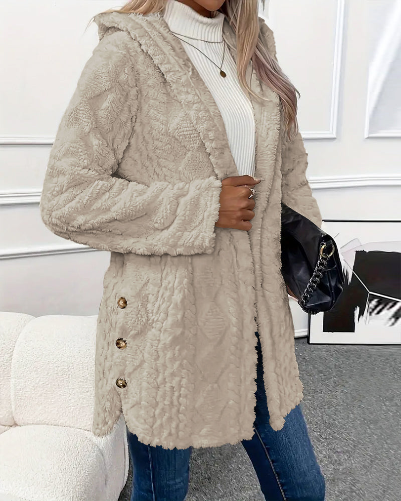 Argyle Hooded Teddy Coat with Buttoned Slits