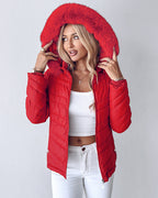 Fuzzy Trim Hooded Puffer Jacket with Shirred Zipper Pockets