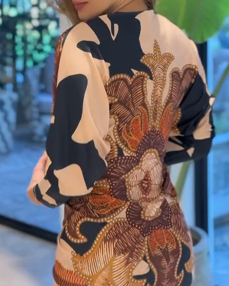 Vintage Baroque Deep-V Bodycon Dress with Slit and Ruching