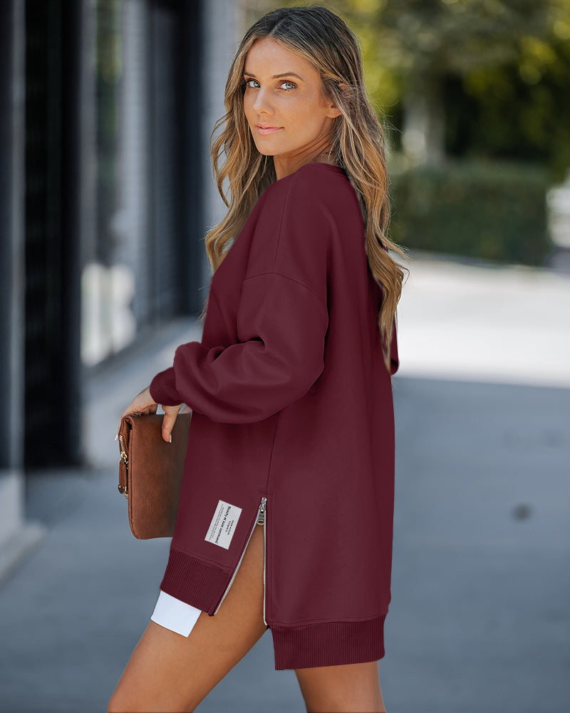 Drop Shoulder Zip-Side Long Sleeve Pullover with Slit Detail.