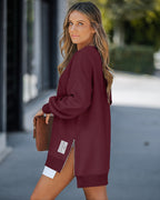 Drop Shoulder Zip-Side Long Sleeve Pullover with Slit Detail.