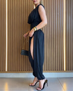 Padded Shoulder Sleeveless Jumpsuit with Cinched Waist and Side Slit