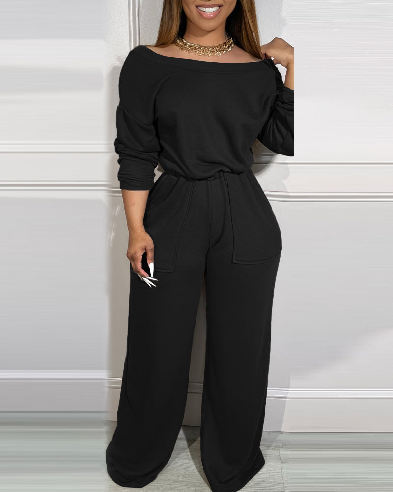 Off-Shoulder Jumpsuit with Elastic Waist, Pockets, and V-Back Design