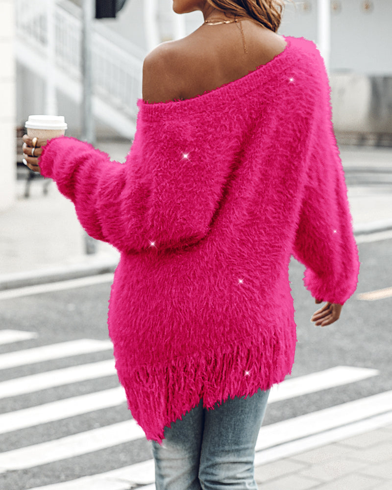 V-Neck Long Sleeve Tassel Fringe Pullover Sweater for Fall/Winter