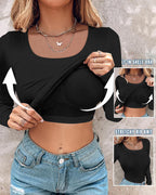 U-Neck Long-Sleeve Ribbed Top Featuring Integrated Bra Support
