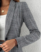 2-Piece Plaid Blazer with Notched Collar and Drawstring Pants Set