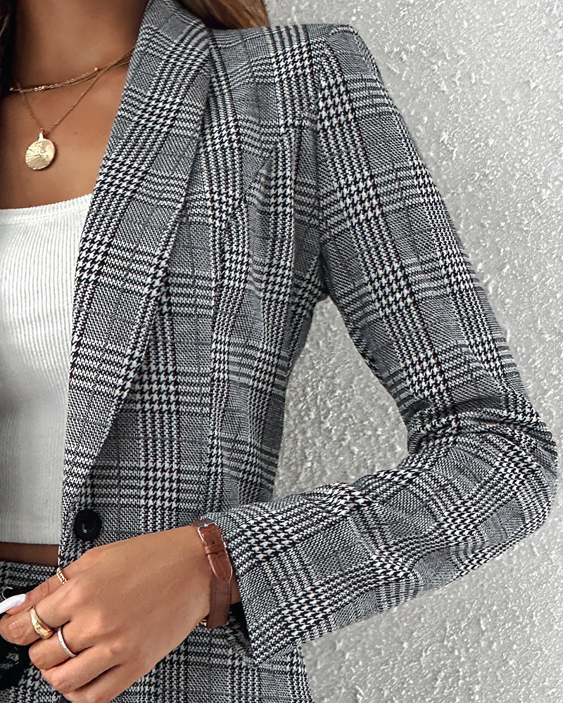 2-Piece Plaid Blazer with Notched Collar and Drawstring Pants Set