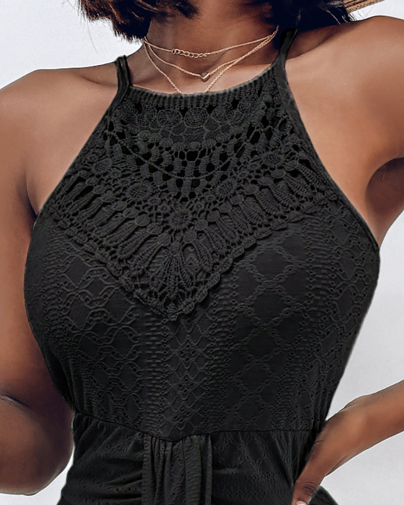 Ruched Halter Dress with Lace Yoke and Adjustable Neckline
