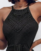 Ruched Halter Dress with Lace Yoke and Adjustable Neckline