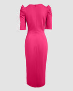 3D Floral Ruched Bodycon Dress with Puff Sleeves and Slit