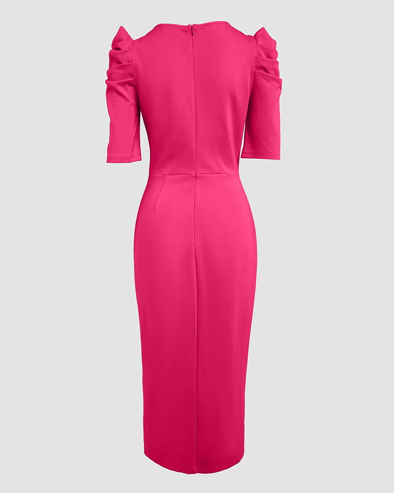 3D Floral Ruched Bodycon Dress with Puff Sleeves and Slit