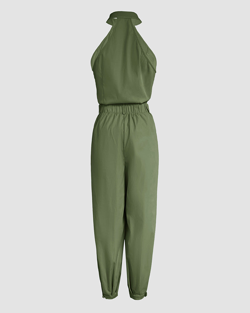 2-Piece High Neck Sleeveless Top and Cuffed Cargo Pants Set