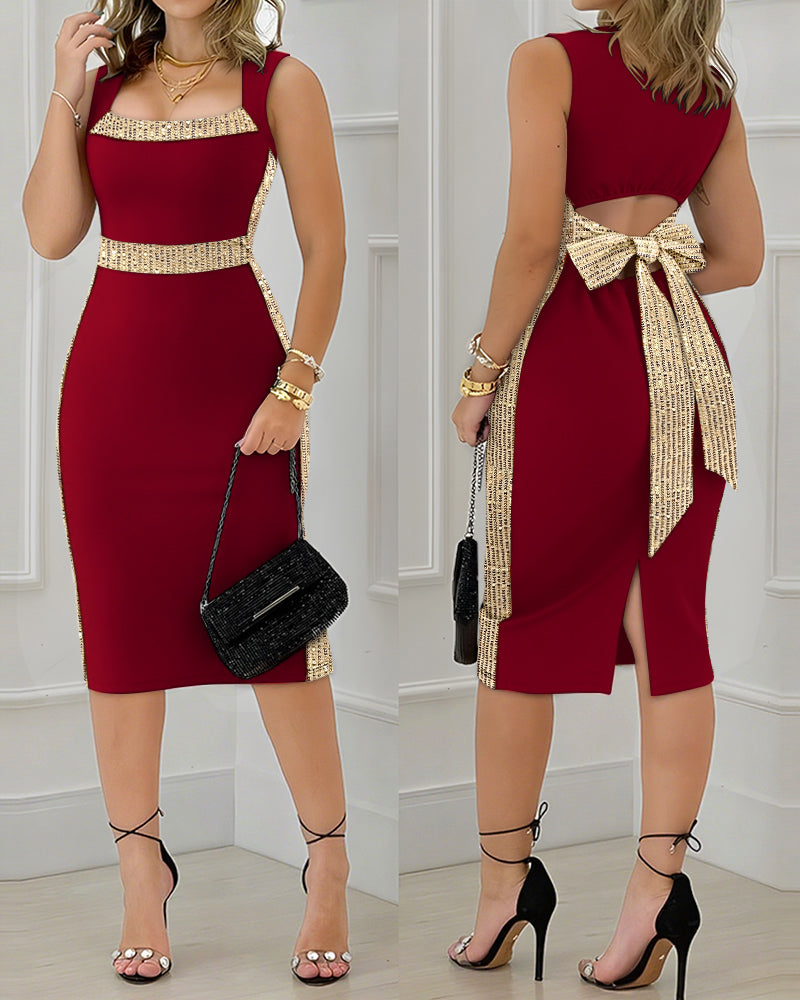 Square Neck Sleeveless Dress with Bowknot and Mid-Calf Slit