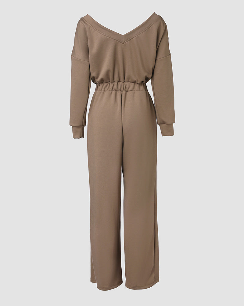 Off-Shoulder Jumpsuit with Elastic Waist, Pockets, and V-Back Design
