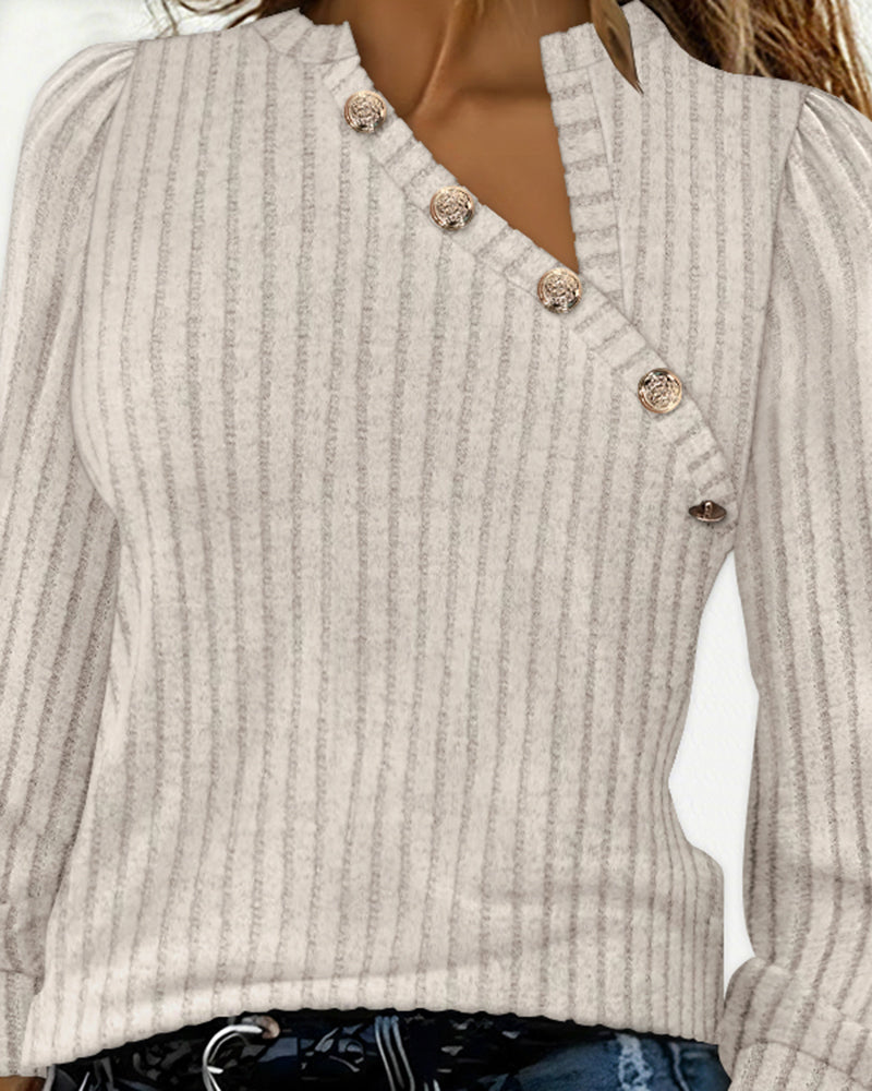 Asymmetrical Button Detail Ribbed V-Neck Long Sleeve Knit Tee