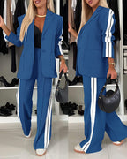 Striped Notched Collar Blazer with Coordinating Wide Leg Pants Set