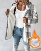 Hooded Plaid Shacket with Long Sleeves and Fleece Lining
