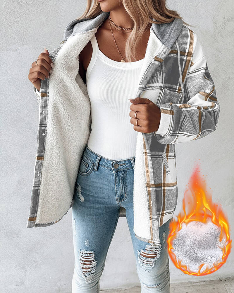 Hooded Plaid Shacket with Long Sleeves and Fleece Lining