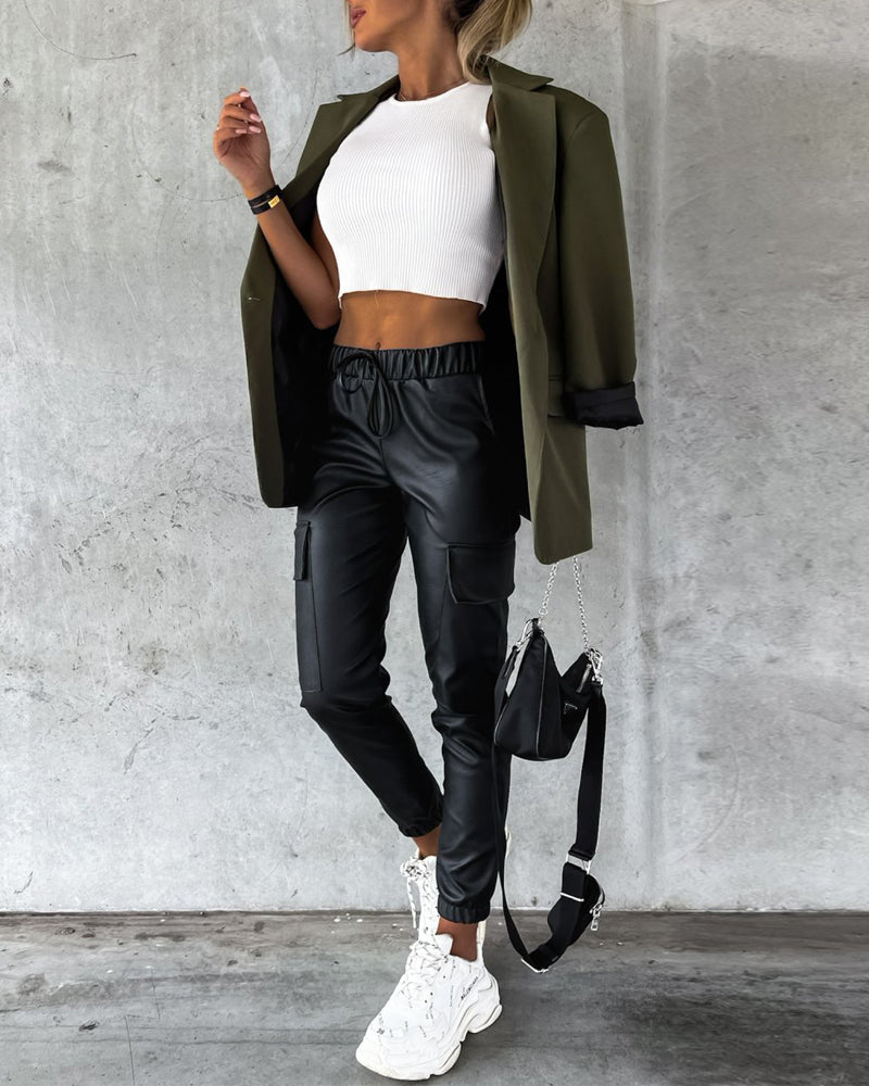 Drawstring PU Leather Pants with Elastic Waist, Cuffs, and Pocket