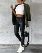 Drawstring PU Leather Pants with Elastic Waist, Cuffs, and Pocket