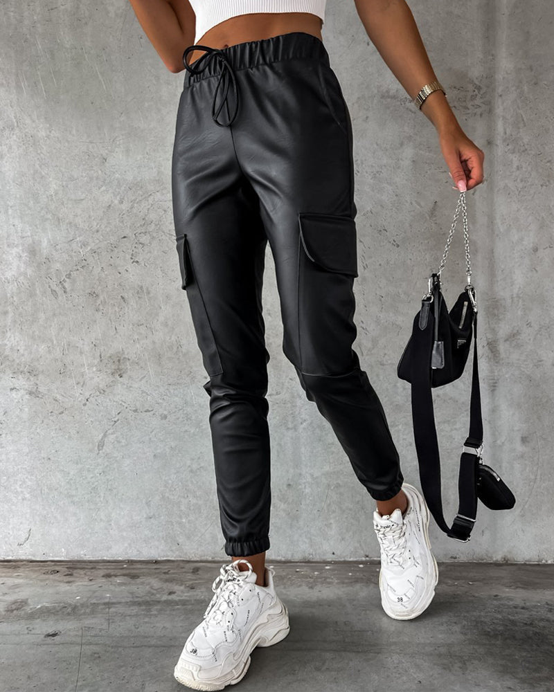 Drawstring PU Leather Pants with Elastic Waist, Cuffs, and Pocket