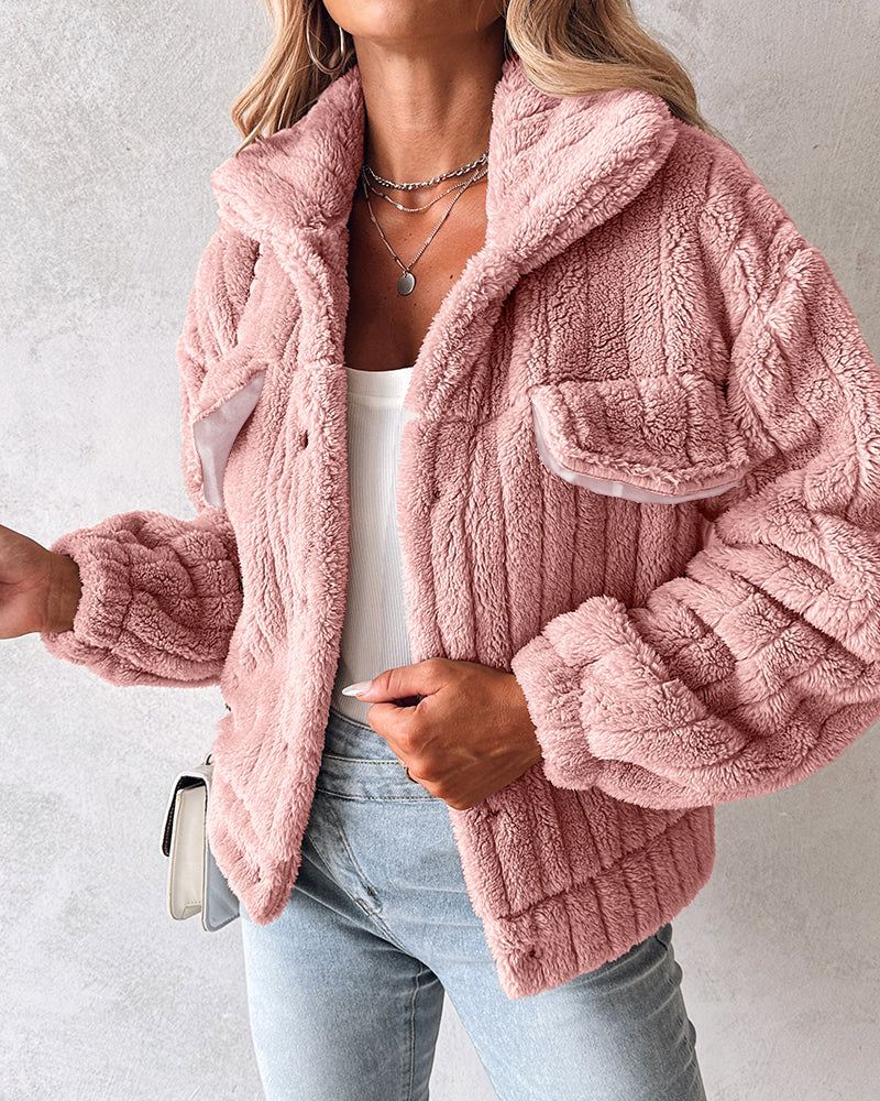 Striped Teddy Fleece Jacket with Buttons and Flap Pockets