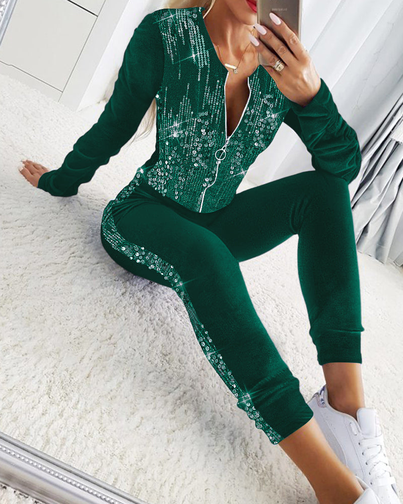 Sequin and Velvet Tracksuit with Ruched Zip-Up Coat and Pants