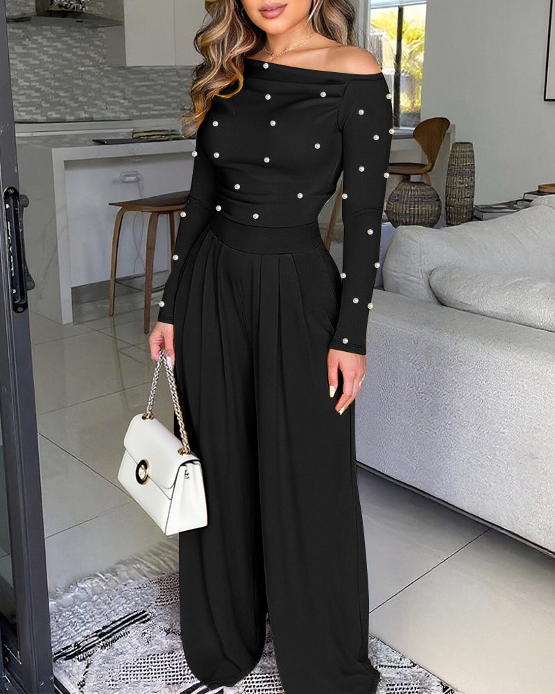 Pearl-Adorned Asymmetrical Neck Ruched Jumpsuit with Cinched Waist