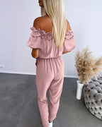 Off-Shoulder Frill Trim Textured Jumpsuit with Tie Waist