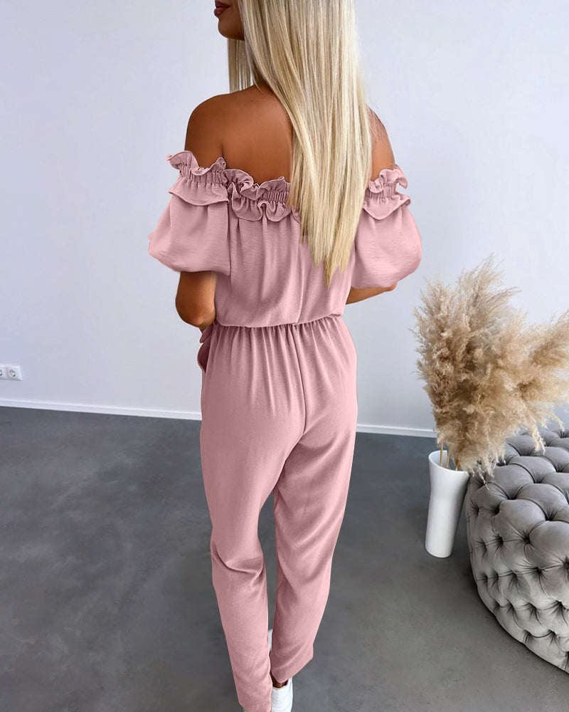 Off-Shoulder Frill Trim Textured Jumpsuit with Tie Waist
