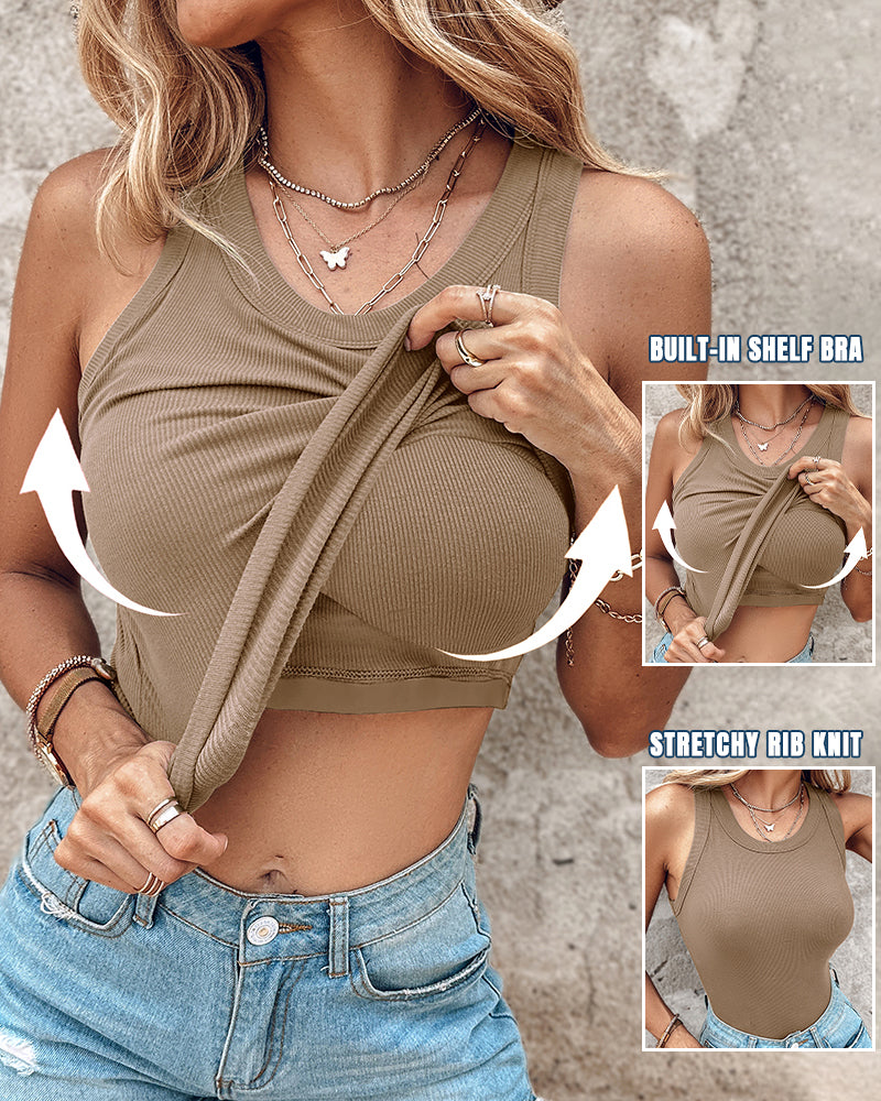 Round Neck Ribbed Tank Top with Integrated Bra