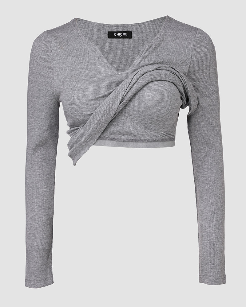 Rib Knit Notch Neck Long Sleeve Top with Built-In Bra