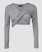 Rib Knit Notch Neck Long Sleeve Top with Built-In Bra