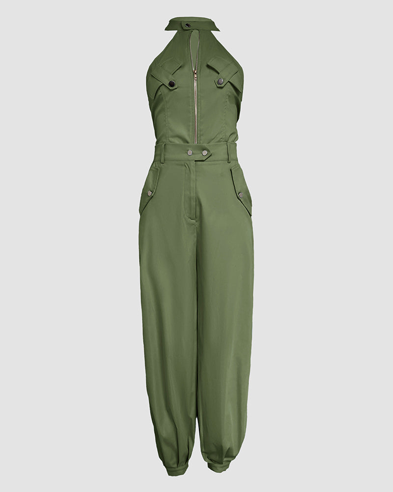 2-Piece High Neck Sleeveless Top and Cuffed Cargo Pants Set