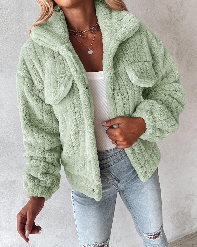 Striped Teddy Fleece Jacket with Buttons and Flap Pockets