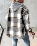 Hooded Plaid Shacket with Long Sleeves and Fleece Lining