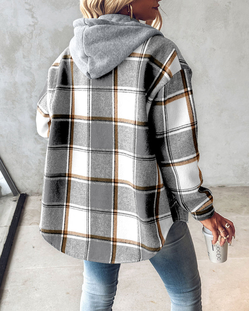Hooded Plaid Shacket with Long Sleeves and Fleece Lining