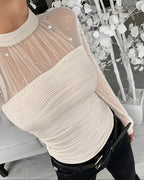 Pearl-Embellished Mesh-Inset Ruched Tee with Open-Back Detail