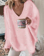 V-Neck Beaded Long Sleeve Fluffy Oversized Pullover Sweater