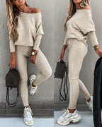 Skew Neck Pullover with High-Waist Drawstring Pants Set