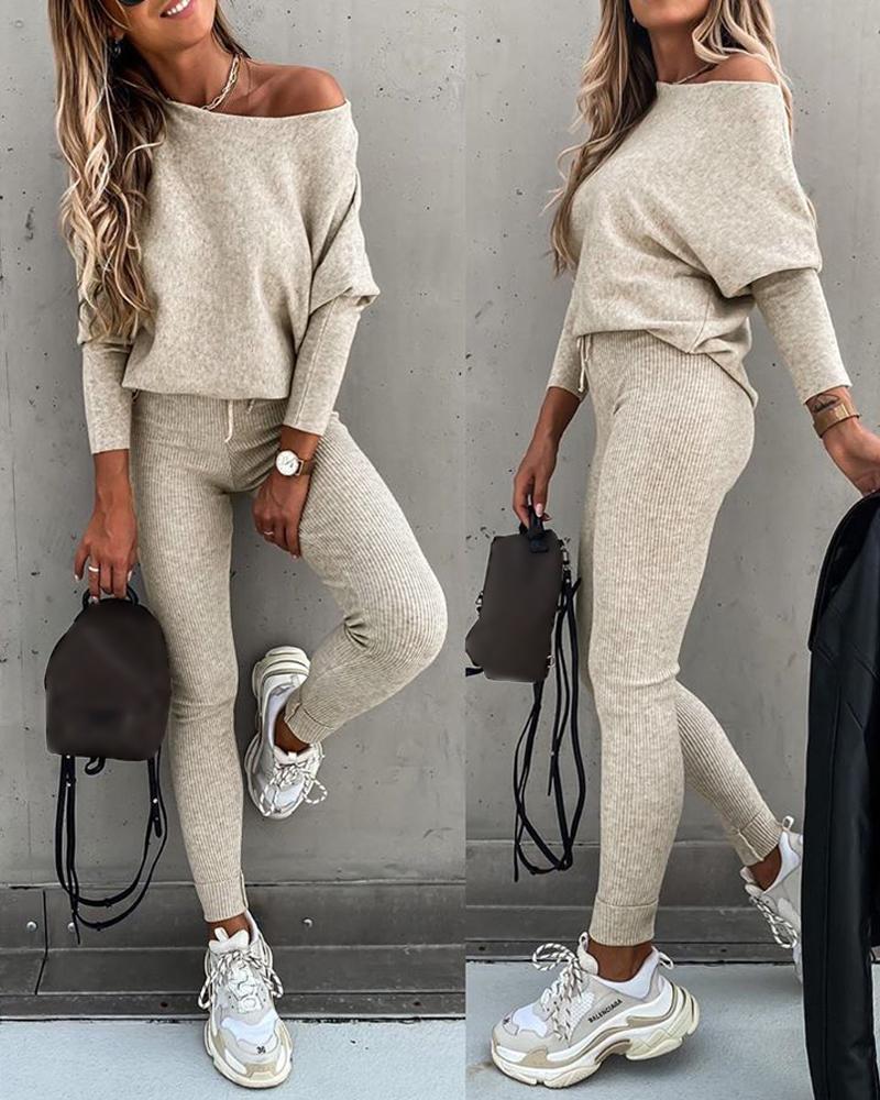 Skew Neck Pullover with High-Waist Drawstring Pants Set