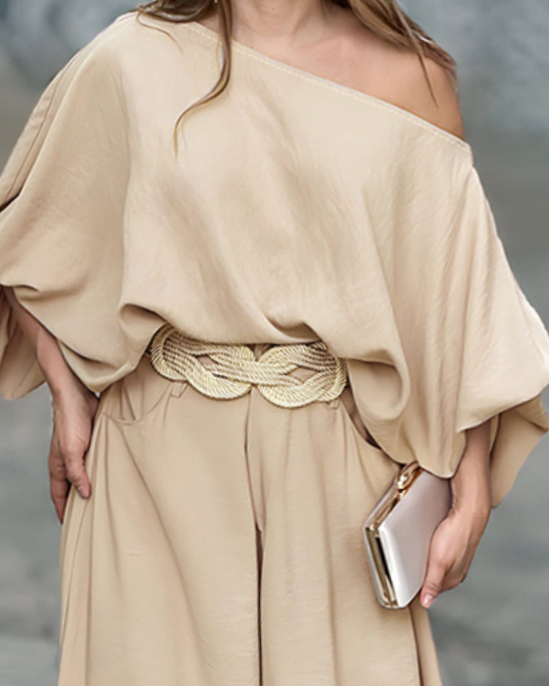 Lantern Sleeve Top and Wide Leg Pants Set with Zipper