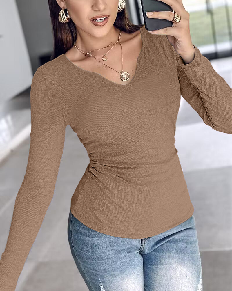 Rib Knit Notch Neck Long Sleeve Top with Built-In Bra